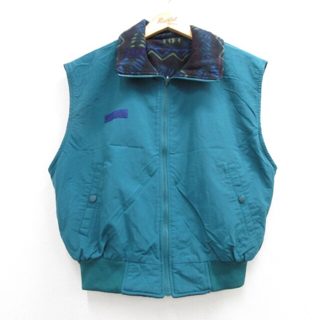 古着 Columbia コロンビア ノースリーブ 子供服 ナイロン キッズ 00年代 00s ジャケット ベスト リバーシブル フリース 総柄 グリーン【spe】 26sep15