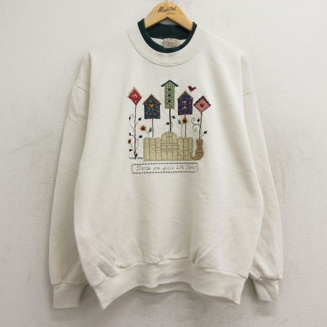 【50%OFF】古着 ジャージーズ 長袖 スウェット レディース 90年代 90s 鳥箱 犬 刺繍 大きいサイズ クルーネック USA製 生成り 24aug28 中古 スエット トレーナー トップス