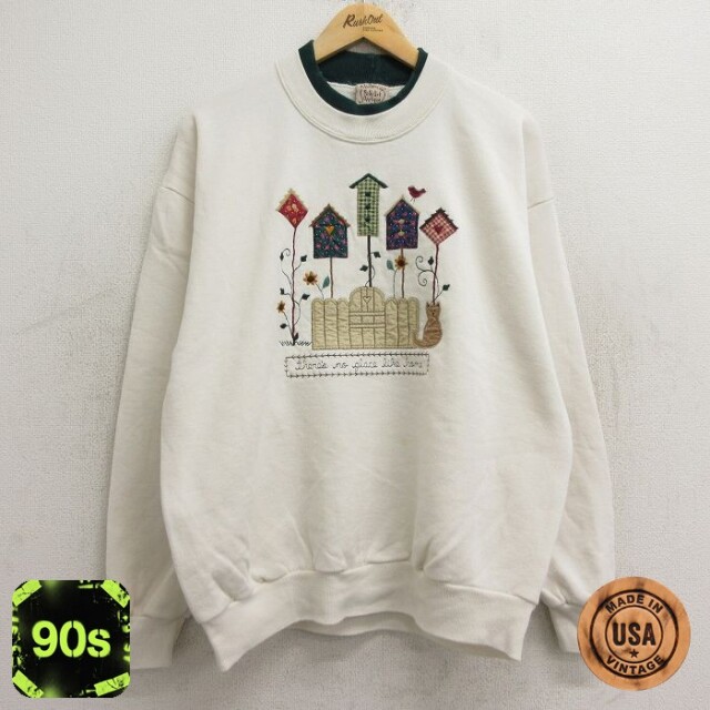【50%OFF】古着 ジャージーズ 長袖 スウェット レディース 90年代 90s 鳥箱 犬 刺繍 大きいサイズ クルーネック USA製 生成り 24aug28 中古 スエット トレーナー トップス