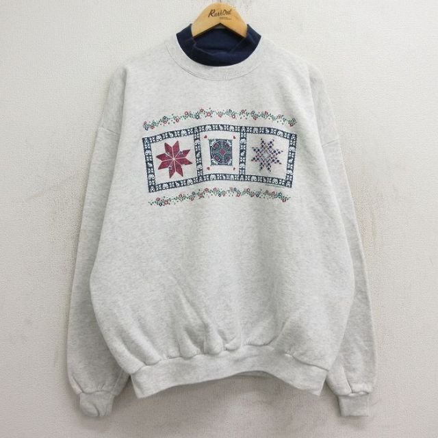 【50%OFF】古着 長袖 スウェット レディース 90年代 90s 花 雪柄 大きいサイズ クルーネック USA製 薄グレー 霜降り 24sep28 中古 スエット トレーナー トップス