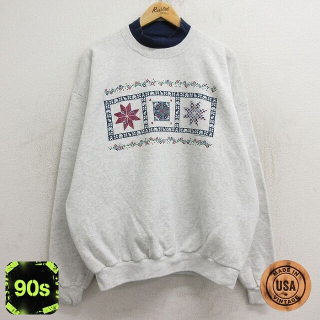 【50%OFF】古着 長袖 スウェット レディース 90年代 90s 花 雪柄 大きいサイズ クルーネック USA製 薄グレー 霜降り 24sep28 中古 スエット トレーナー トップス