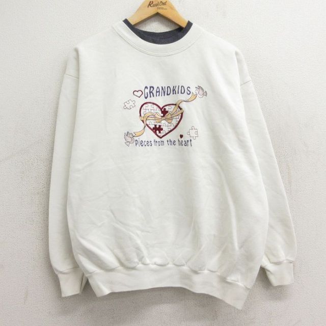 【50%OFF】古着 長袖 スウェット レディース 90年代 90s ハート リボン 刺繍 クルーネック USA製 白他 ホワイト 24sep28 中古 スエット トレーナー トップス