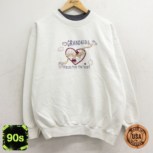 【50%OFF】古着 長袖 スウェット レディース 90年代 90s ハート リボン 刺繍 クルーネック USA製 白他 ホワイト 24sep28 中古 スエット トレーナー トップス