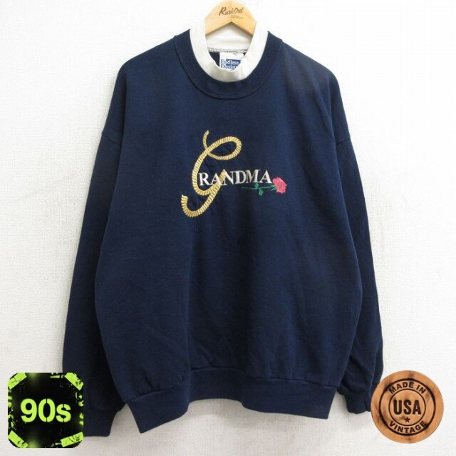 【50%OFF】古着 長袖 スウェット レディース 90年代 90s グランマ バラ 刺繍 大きいサイズ クルーネック USA製 紺 ネイビー 24sep28 中古 スエット トレーナー トップス