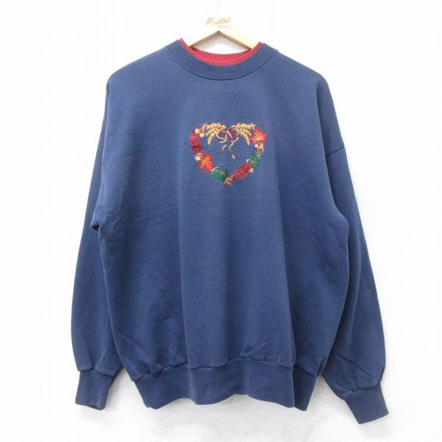 【50%OFF】古着 長袖 スウェット レディース 00年代 00s 葉 ハート 刺繍 モックネック ハイネック 紺他 ネイビー 24oct18 中古 スエット トレーナー トップス