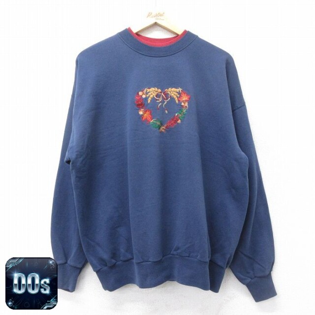 【50%OFF】古着 長袖 スウェット レディース 00年代 00s 葉 ハート 刺繍 モックネック ハイネック 紺他 ネイビー 24oct18 中古 スエット トレーナー トップス