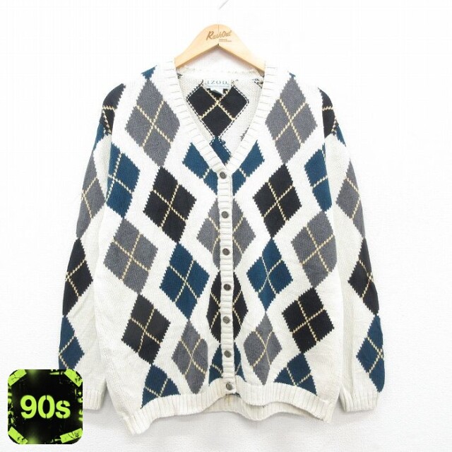 【50%OFF】古着 IZOD 長袖 ニット カーディガン レディース 90年代 90s アーガイル コットン 白他 ホワイト 24oct22 中古 トップス