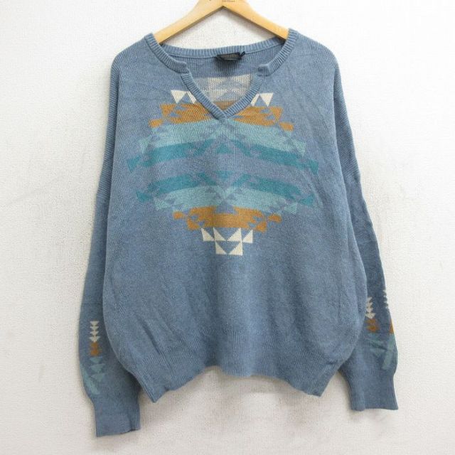【50%OFF】古着 ペンドルトン PENDLETON 長袖 セーター レディース ネイティブ柄 ラグ柄 大きいサイズ コットン Vネック 薄紺 ネイビー 24oct30 中古 ニット トップス