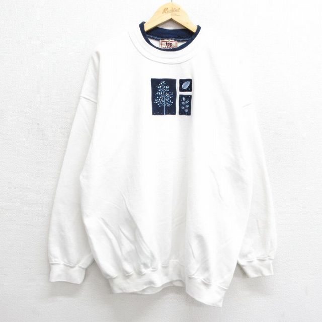 【50%OFF】古着 長袖 スウェット レディース 00年代 00s 木 葉 刺繍 ラインストーン 大きいサイズ クルーネック 白 ホワイト 24nov05 中古 スエット トレーナー トップス