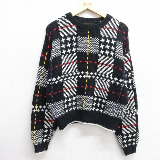 【50%OFF】古着 Liz Sport 長袖 セーター レディース 90年代 90s コットン クルーネック 黒 ブラック チェック 25jan09 中古 ニット トップス