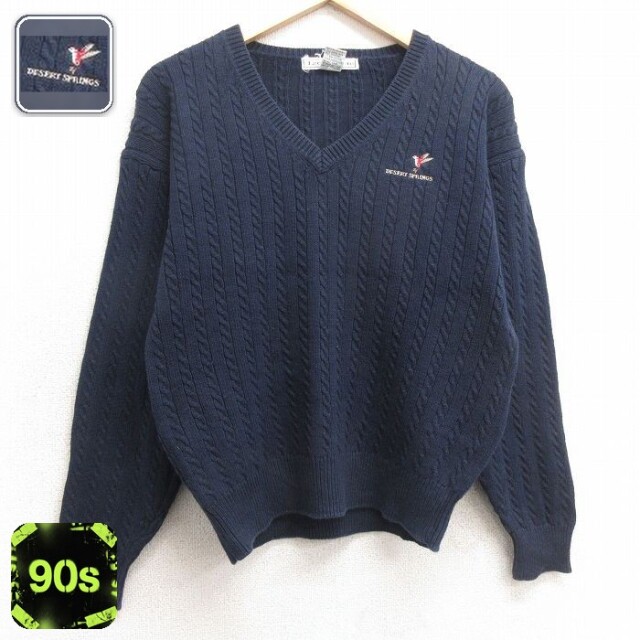 【50%OFF】古着 IZOD 長袖 ケーブル セーター レディース 90年代 90s DESERT SPRINGS コットン Vネック 紺 ネイビー 25jan11 中古 ニット トップス