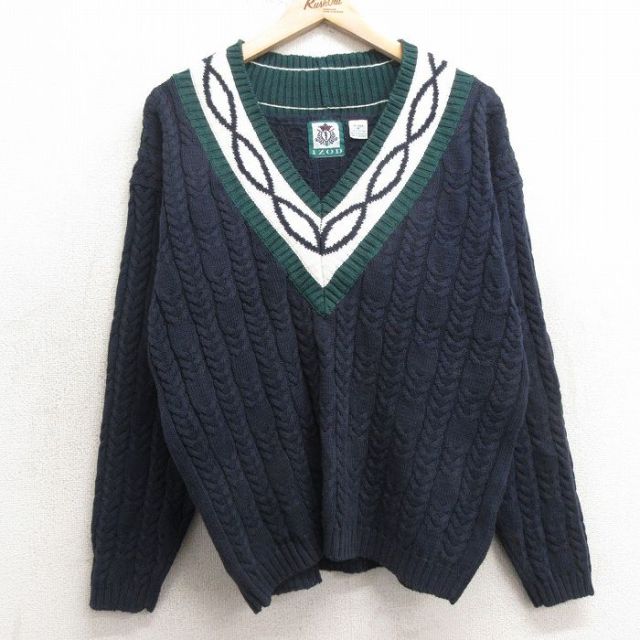 【50%OFF】古着 IZOD 長袖 チルデン ケーブル セーター レディース 90年代 90s コットン Vネック 紺他 ネイビー 25jan14 中古 ニット トップス