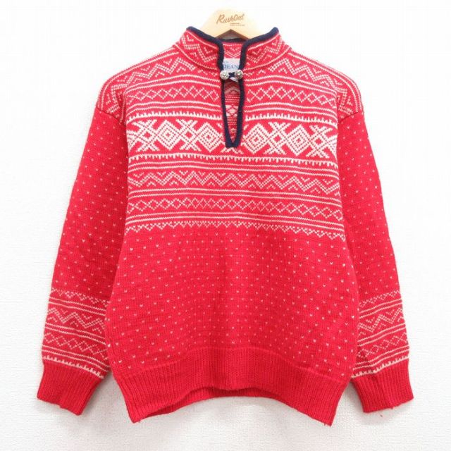 【50%OFF】古着 長袖 ハンティング セーター レディース 80年代 80s バーズアイ ウール モックネック ハイネック 赤他 レッド 25jan17 中古 ニット トップス