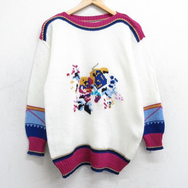 【50%OFF】古着 長袖 セーター レディース 90年代 90s アクリル ボートネック 白他 ホワイト 25jan25 中古 ニット トップス