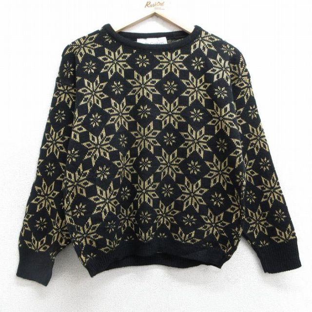 【50%OFF】古着 長袖 セーター レディース 90年代 90s 雪柄 クルーネック USA製 黒他 ブラック 25jan25 中古 ニット トップス