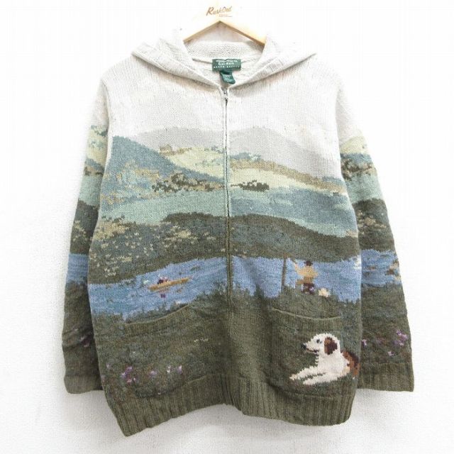古着 ラルフローレン Ralph Lauren 長袖 ブランド フルジップ ニット カーディガン パーカー レディース 馬車 犬 ラムウール ベージュ他 カーキ 【spe】 25feb01 中古 トップス