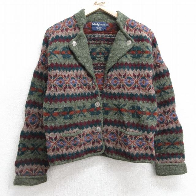 古着 ラルフローレン Ralph Lauren 長袖 ブランド ニット カーディガン レディース 90年代 90s 雪柄 手編み ハンドニット ウール 開襟 オープンカラー 濃緑系他 グリーン 【spe】 25feb01 中古 トップス