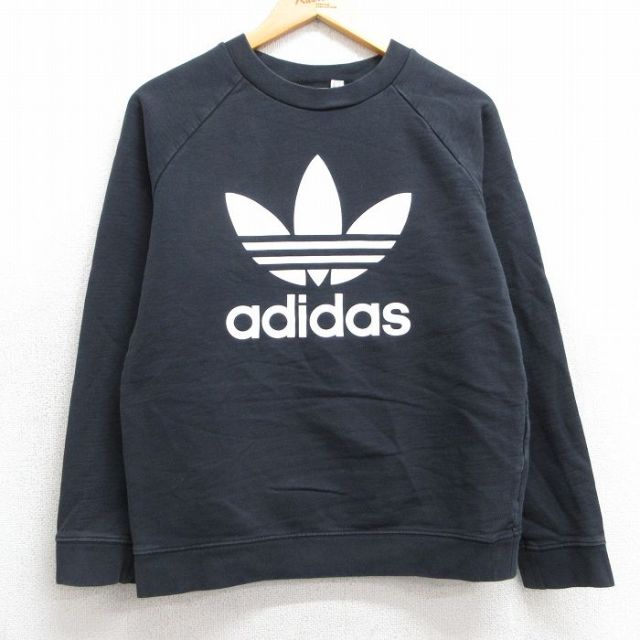 古着 アディダス adidas 長袖 スウェット レディース ビッグロゴ リーフ トレフォイル ラグラン コットン クルーネック 黒 ブラック 25feb07 中古 スエット トレーナー トップス
