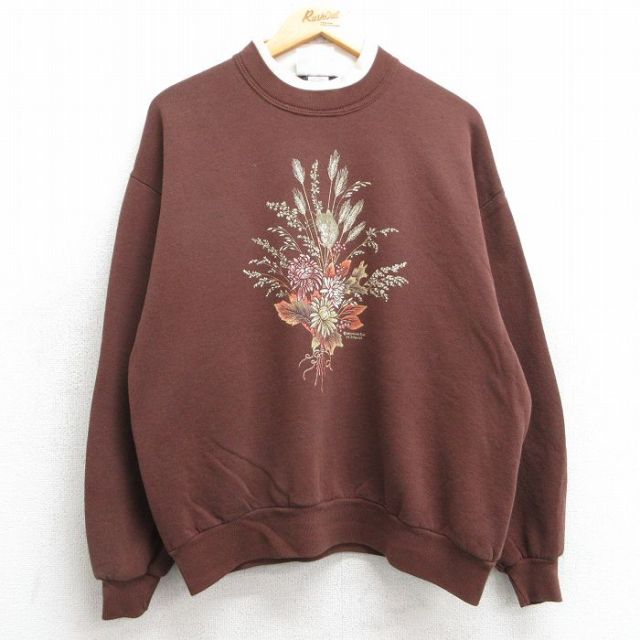 古着 長袖 スウェット レディース 90年代 90s 花 ハムスター クルーネック USA製 茶 ブラウン 25feb07 中古 スエット トレーナー トップス