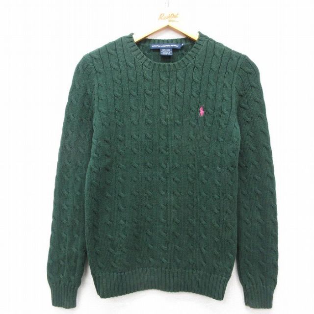 古着 ラルフローレン Ralph Lauren 長袖 ブランド ケーブル セーター レディース ワンポイントロゴ コットン クルーネック 緑 グリーン 25mar07 中古 ニット トップス