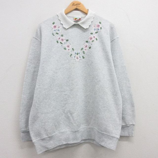 古着 長袖 スウェット レディース 90年代 90s 花 襟付き USA製 薄グレー 霜降り 25mar18 中古 スエット トレーナー トップス