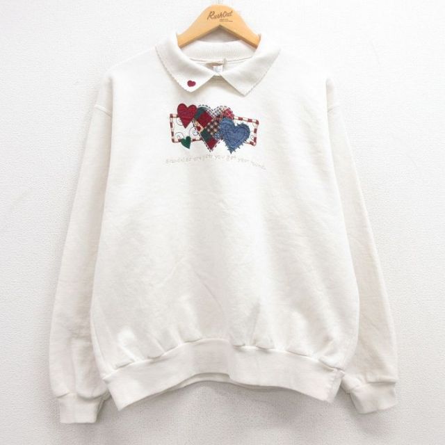 【50%OFF】古着 長袖 スウェット レディース 00年代 00s ハート 刺繍 大きいサイズ 襟付き 生成り 25mar18 中古 スエット トレーナー トップス