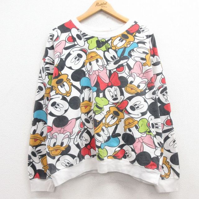 古着 長袖 スウェット レディース ディズニー DISNEY ミッキー MICKEY MOUSE ミニー プルート 大きいサイズ クルーネック 白 ホワイト 25mar18 中古 スエット トレーナー トップス
