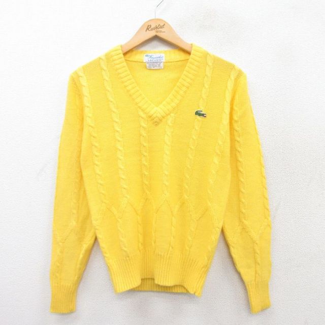 【50%OFF】古着 ラコステ LACOSTE 長袖 ブランド ケーブル セーター レディース 90年代 90s ワンポイントロゴ アクリル Vネック 黄 イエロー 25mar25 中古 ニット トップス