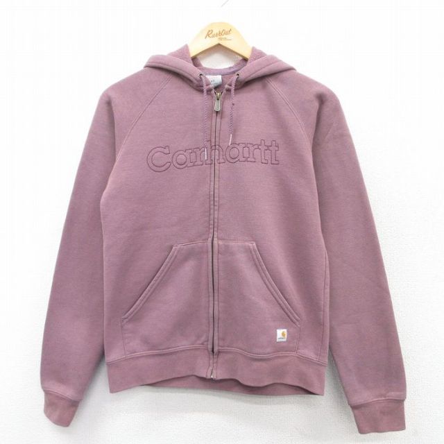 古着 カーハート Carhartt 長袖 フルジップ スウェット パーカー レディース ビッグロゴ 刺繍 ラグラン 薄紫 パープル 25mar25 中古 スエット トレーナー トップス