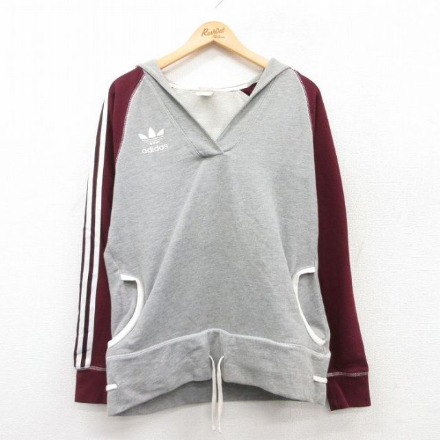 古着 アディダス adidas 長袖 スウェット パーカー レディース ワンポイントロゴ リーフ トレフォイル ラグラン グレー他 3本ライン 25mar28 中古 スエット トレーナー トップス