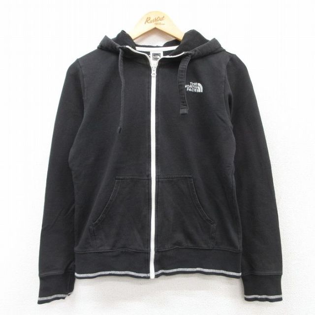 古着 ノースフェイス THE NORTH FACE 長袖 フルジップ スウェット パーカー レディース ワンポイントロゴ 黒 ブラック 25mar28 中古 スエット トレーナー トップス