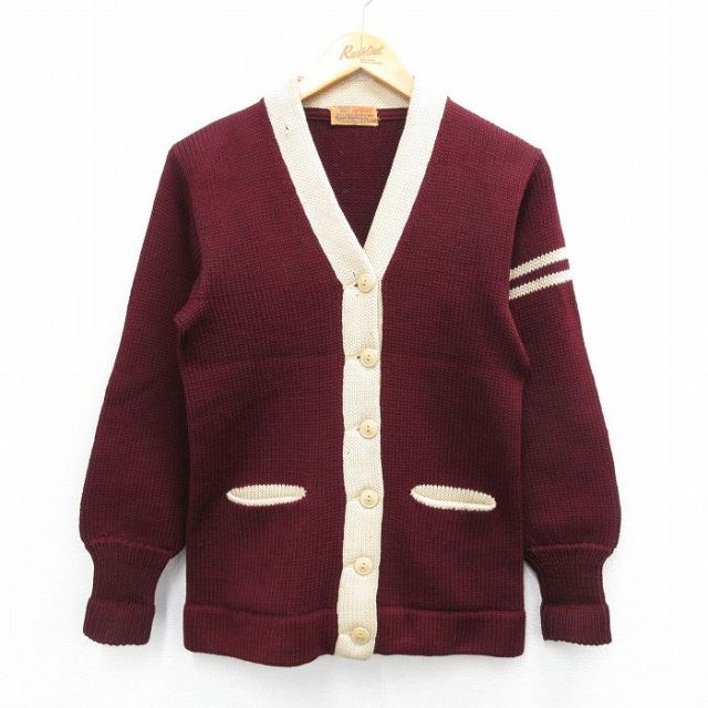 【50%OFF】古着 長袖 ビンテージ レタード ニット カーディガン レディース 50年代 50s ツートンカラー ウール エンジ他 【spe】 25oct16 中古 トップス