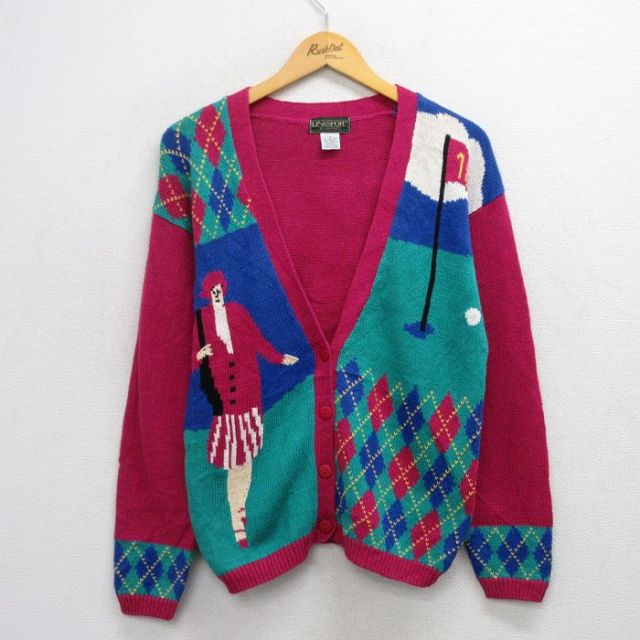 古着 長袖 ニット カーディガン レディース 90年代 90s アーガイル 女性 ゴルフ 濃ピンク他 25oct17 中古 トップス