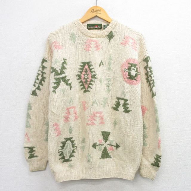 古着 長袖 セーター レディース ネイティブ柄 ラグ柄 ウール クルーネック 生成り 25oct17 中古 ニット トップス