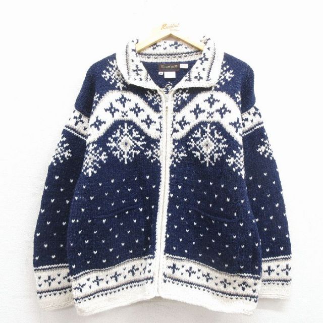 古着 長袖 フルジップ ノルディック ニット カーディガン レディース 雪柄 バーズアイ エクアドル製 紺他 25nov17