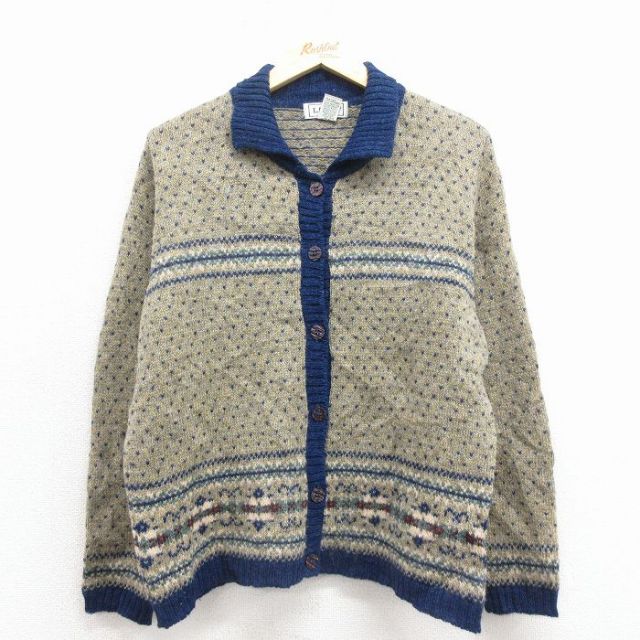 古着 エルエルビーン 長袖 ニット カーディガン レディース 90年代 90s バーズアイ スコットランド製 ベージュ他【spe】 25nov17