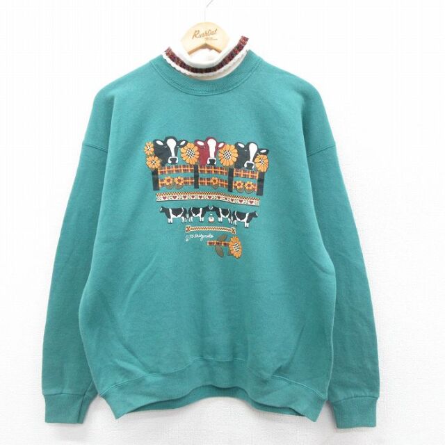 古着 長袖 スウェット レディース 90年代 90s ウシ 花 タートルネック ハイネック USA製 青緑 25nov22
