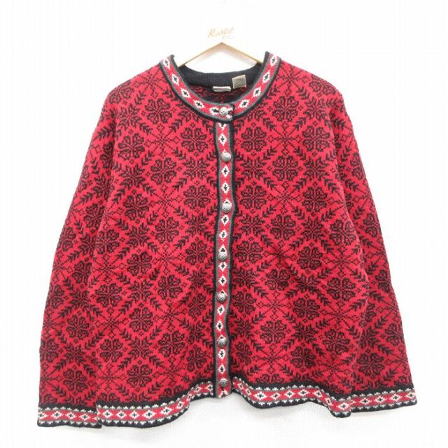 古着 エルエルビーン 長袖 ニット カーディガン レディース 大きいサイズ メリノラムウール 赤他 25nov22