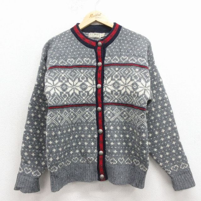 古着 エルエルビーン 長袖 ノルディック ニット カーディガン レディース 90年代 90s 雪柄 バーズアイ USA製 グレー他 25nov28