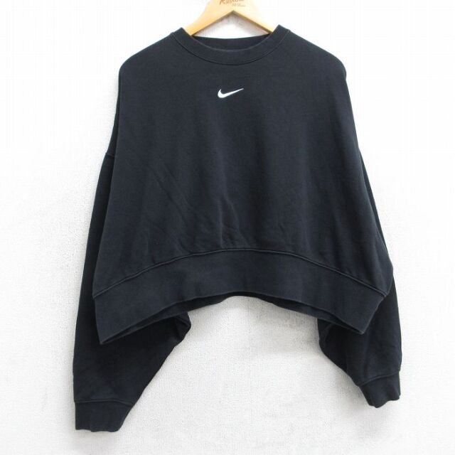 【50%OFF】古着 ナイキ NIKE 長袖 スウェット レディース ワンポイントロゴ センタースウォッシュ ショート丈 大きいサイズ クルーネック 黒【spe】 25dec09