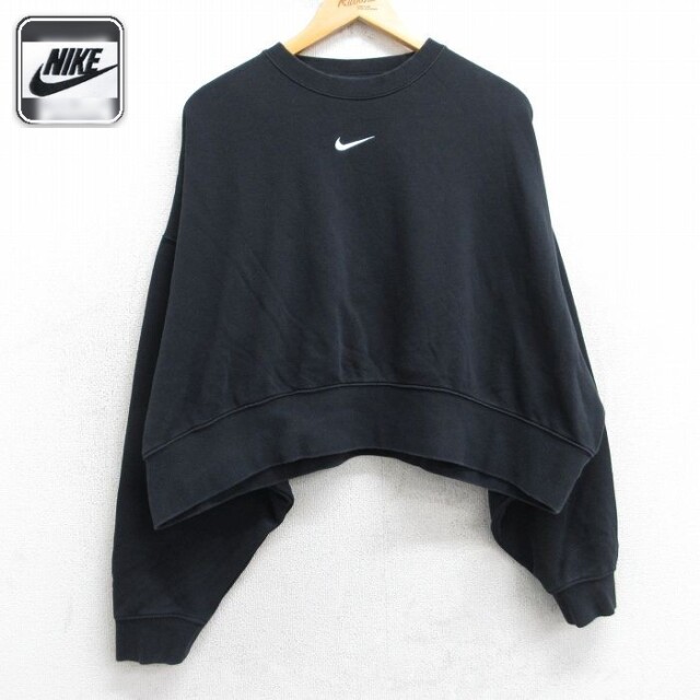 古着 ナイキ NIKE 長袖 スウェット レディース ワンポイントロゴ センタースウォッシュ ショート丈 大きいサイズ クルーネック 黒【spe】 25dec09