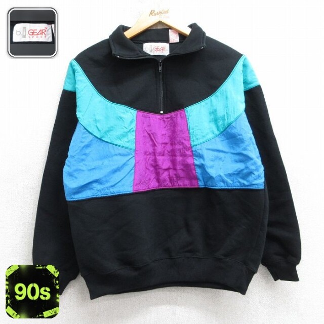古着 長袖 ハーフジップ スウェット レディース 90年代 90s 黒他 25dec09