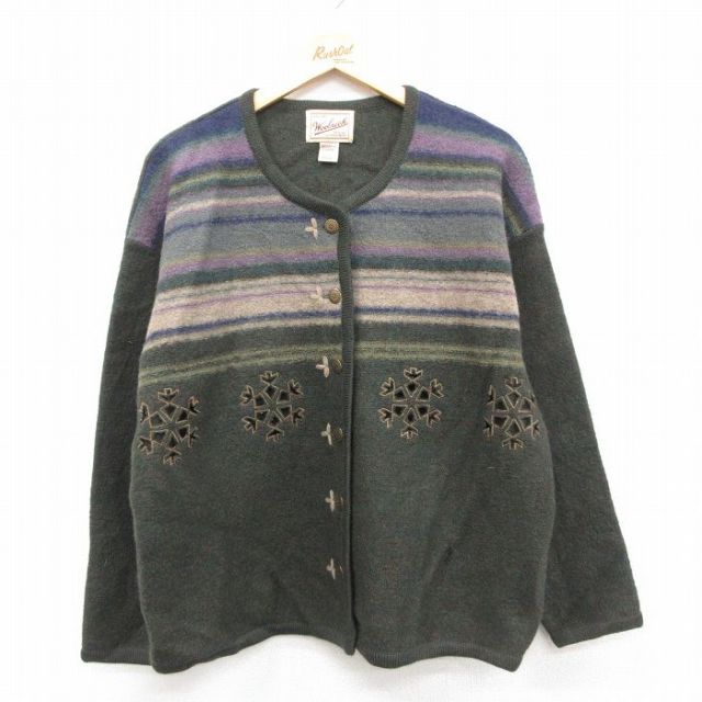 古着 ウールリッチ 長袖 ニット カーディガン レディース 00年代 00s 刺繍 手織り ウール 濃緑 26jan10