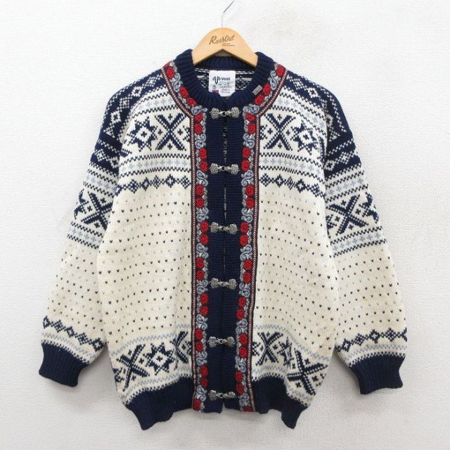 【20%OFF】古着 長袖 ニット カーディガン レディース 90年代 90s バーズアイ ウール ノルウェー製 紺他 26jan10