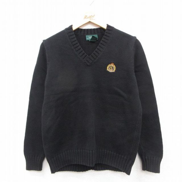 【20%OFF】古着 ラルフローレン 長袖 ブランド セーター レディース ワンポイントロゴ コットン Vネック 黒 26jan10