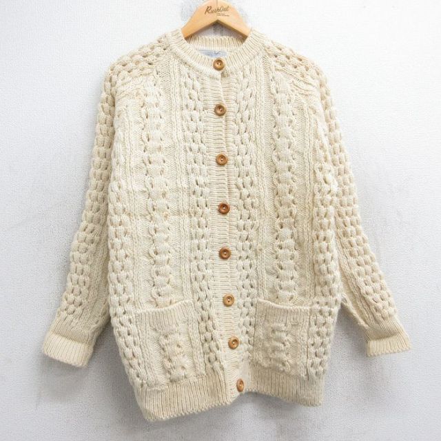 【20%OFF】古着 長袖 ケーブル ニット カーディガン レディース 90年代 90s ラグラン ウール アイルランド製 生成り 26jan16