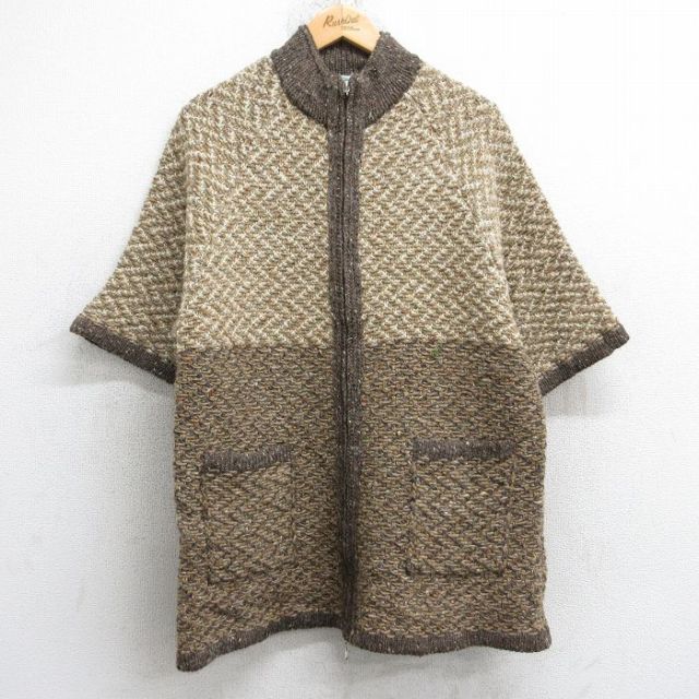 【20%OFF】古着 半袖 フルジップ ニット カーディガン レディース 90年代 90s ラグラン ウール アイルランド製 茶他 26jan16