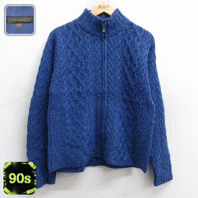 【50%OFF】古着 長袖 ケーブル フルジップ ニット カーディガン レディース 90年代 90s メリノウール アイルランド製 紺他 26jan16