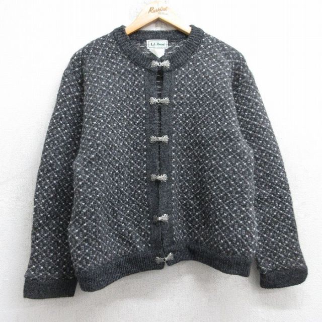 【20%OFF】古着 エルエルビーン 長袖 ニット カーディガン レディース 90年代 90s バーズアイ 大きいサイズ ウール ノルウェー製 濃グレー他【spe】 26jan16