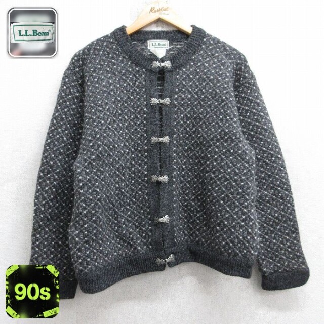 【50%OFF】古着 エルエルビーン 長袖 ニット カーディガン レディース 90年代 90s バーズアイ 大きいサイズ ウール ノルウェー製 濃グレー他【spe】 26jan16